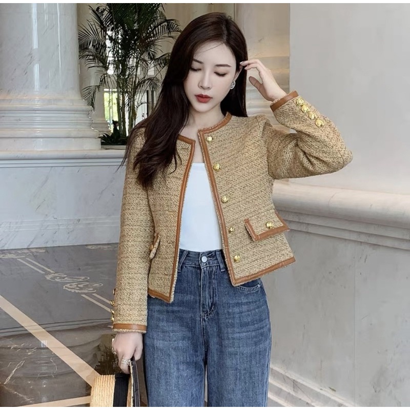 Áo Dạ Tweed Dáng Lửng Phối Viền Phong Cách Hàn Quốc Siêu Xinh_ Hàng Order QCCC