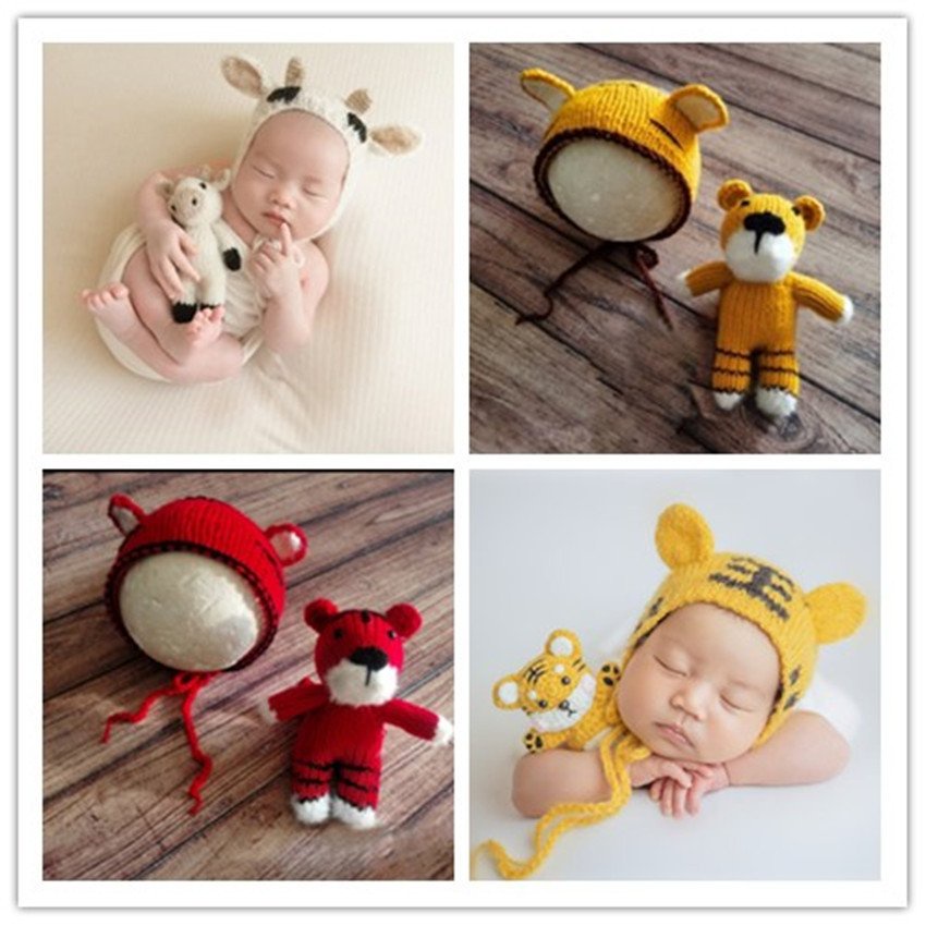 Set mũ và thú bông bò sữa, hổ bằng len đáng yêu phụ kiện chụp ảnh cho bé 0-3 tháng