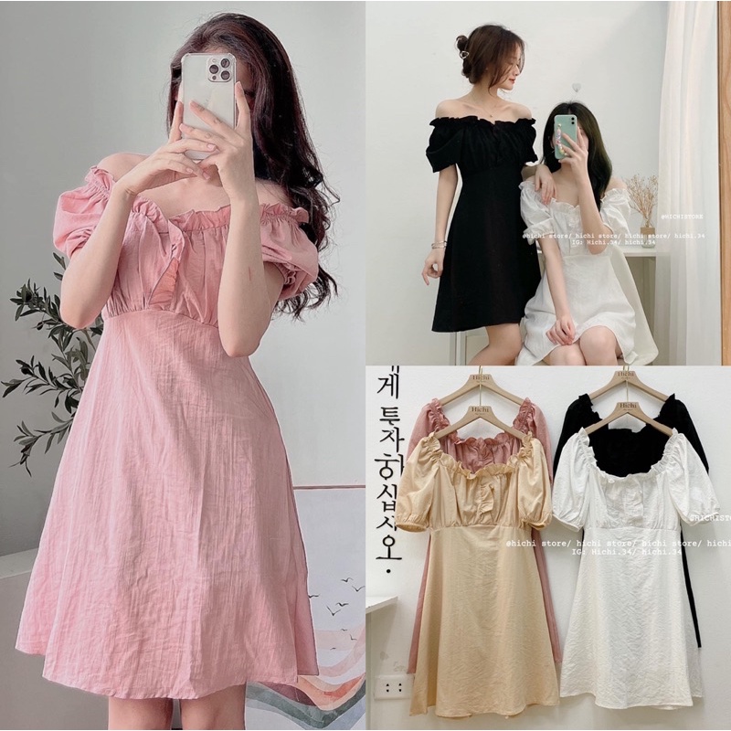 Váy trễ vai cổ bèo tay bồng chất đũi xước siêu mát