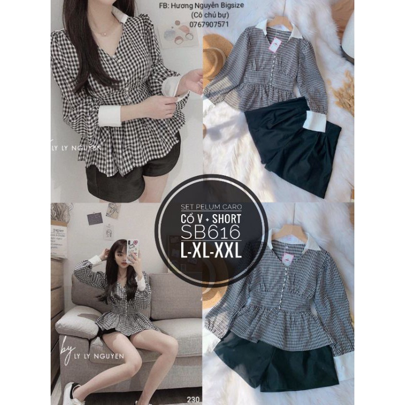 Bigsize SET PEPLUM CARO CỔ V + SHORT SB616