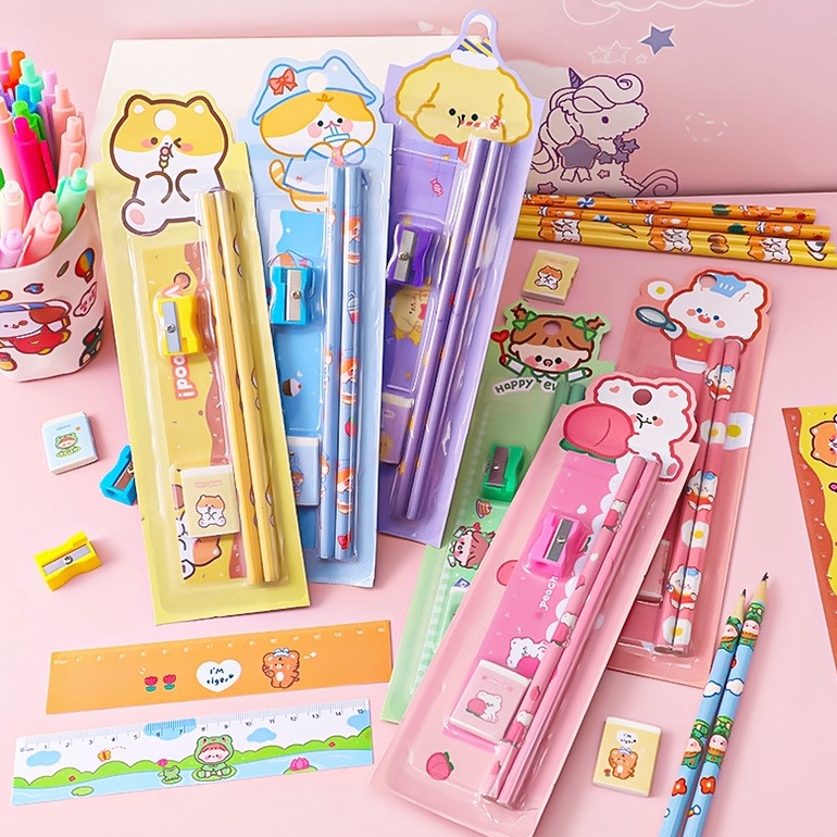 Bộ 5 chi tiết gồm 2 bút chì gôm tẩy gọt bút thước kẻ hoạt hình cute đồ dùng học tập, quà lưu niệm học sinh