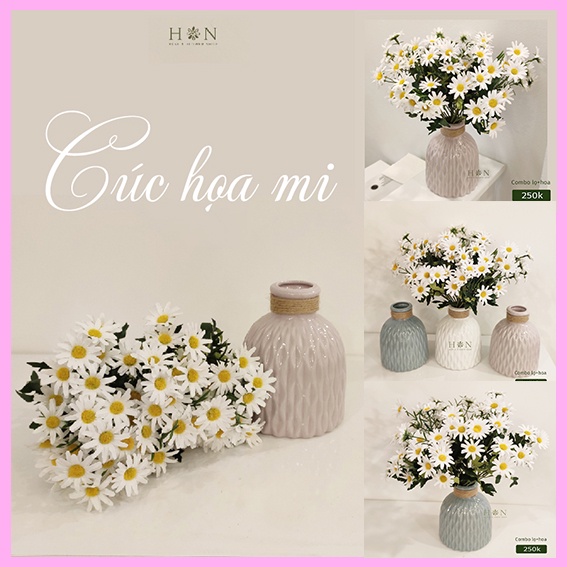Hoa giả, hoa lụa - Combo bình + hoa cúc họa mi giả trang trí, cao 35cm - Han decor