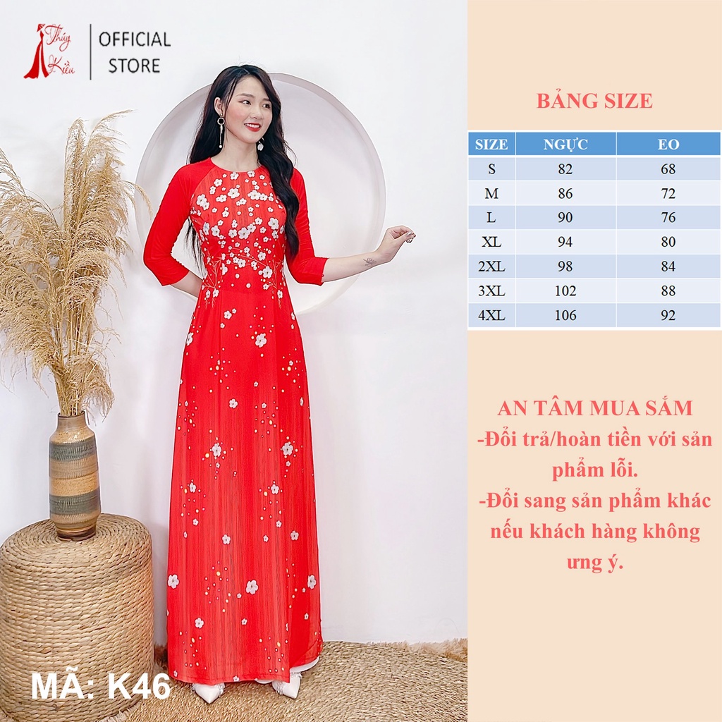 Áo dài truyền thống thiết kế may sẵn tết cách tân nữ nền đỏ hoa nhí K46 Thúy Kiều mềm mại co giãn áo dài giá rẻ