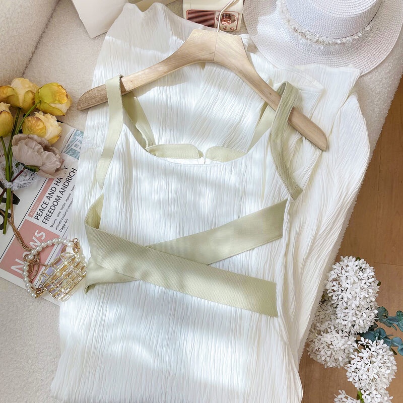 Đầm Hai Dây Màu Trắng Trơn Nhấn Eo Phong Cách Retro Thời Trang Cho Nữ
