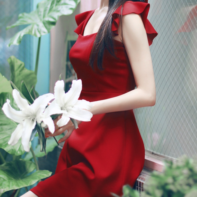 Đầm nữ 2s cánh tiên đỏ cổ vuông váy xòe quyến rũ siêu tôn dáng HIJUNE VD12