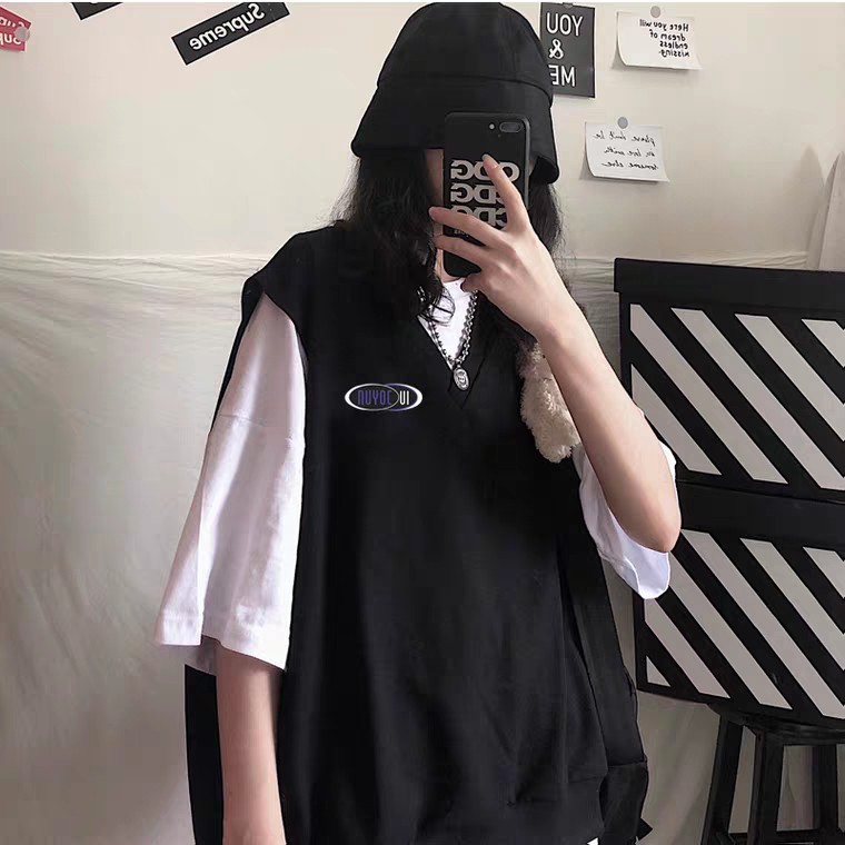 SET TANKTOP : ÁO GILE NUYOCUI ĐEN MIX ÁO PHÔNG CRT TRẮNG ULZZANG