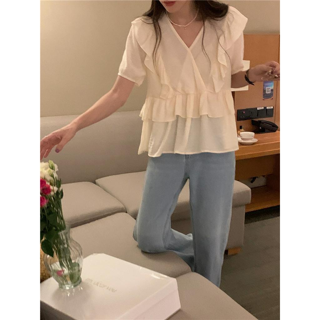 Áo Sơ Mi Nữ Cổ Chữ V Tay Ngắn Xếp Li 51490