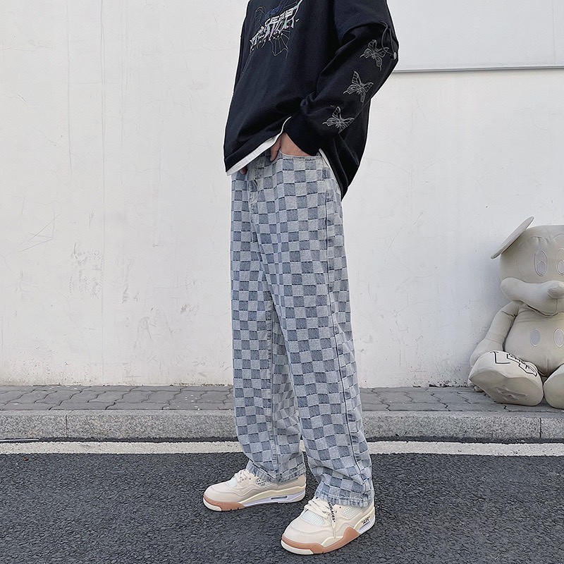 [Dập Nổi] Quần Jean ống suông rộng họa tiết kẻ đường phố unisex streetwear kẻ ô vân chìm xuông phối với sneaker | BigBuy360 - bigbuy360.vn