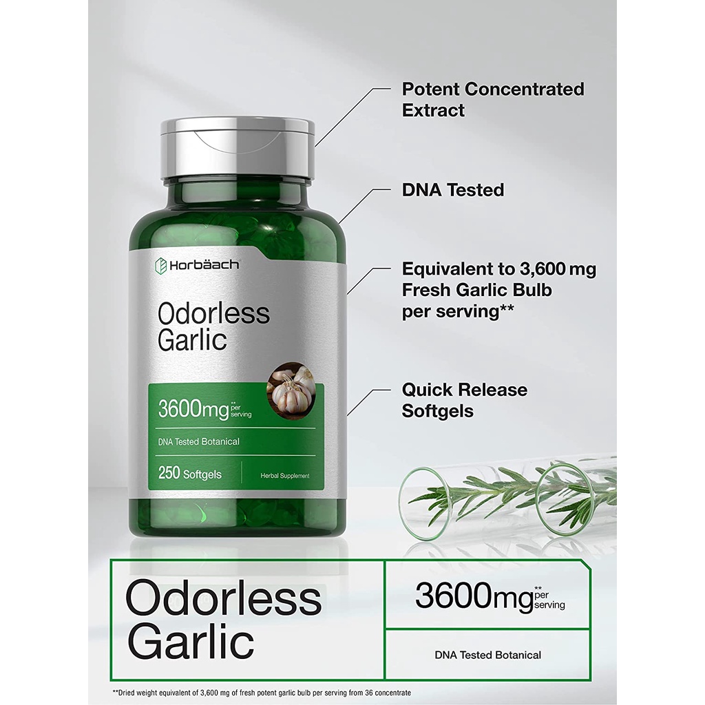 Horbaach Odorless Garlic 3600mg - Viên uống tinh dầu tỏi không mùi hỗ trợ tim mạch, tăng cường miễn dịch 250 viên