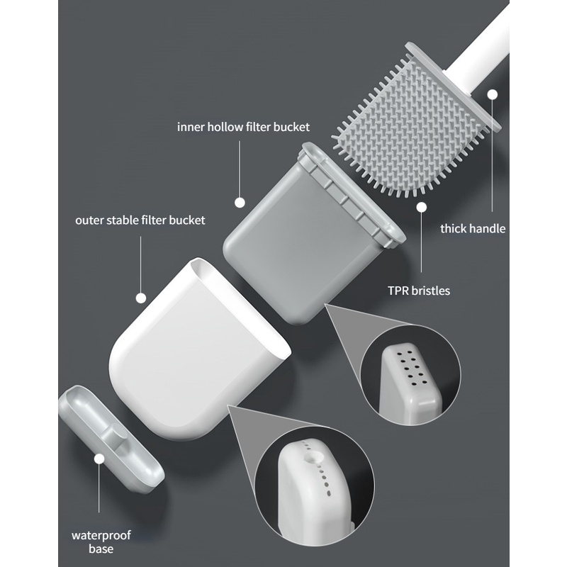 Bộ Bàn Chải Chà Toilet Cán Dài Bằng Cao Su Silicon Mềm Có Đế Gắn Tường / Sàn Nhà