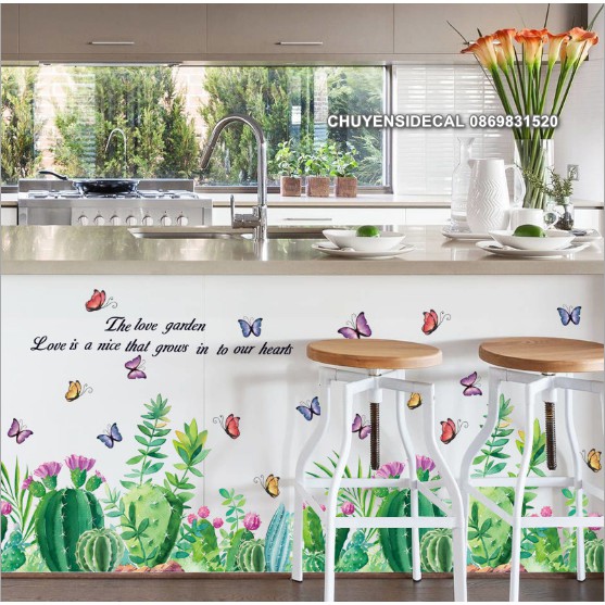 Decal dán tường - Chân tường Lá Cỏ bướm hoa kèm chữ mới