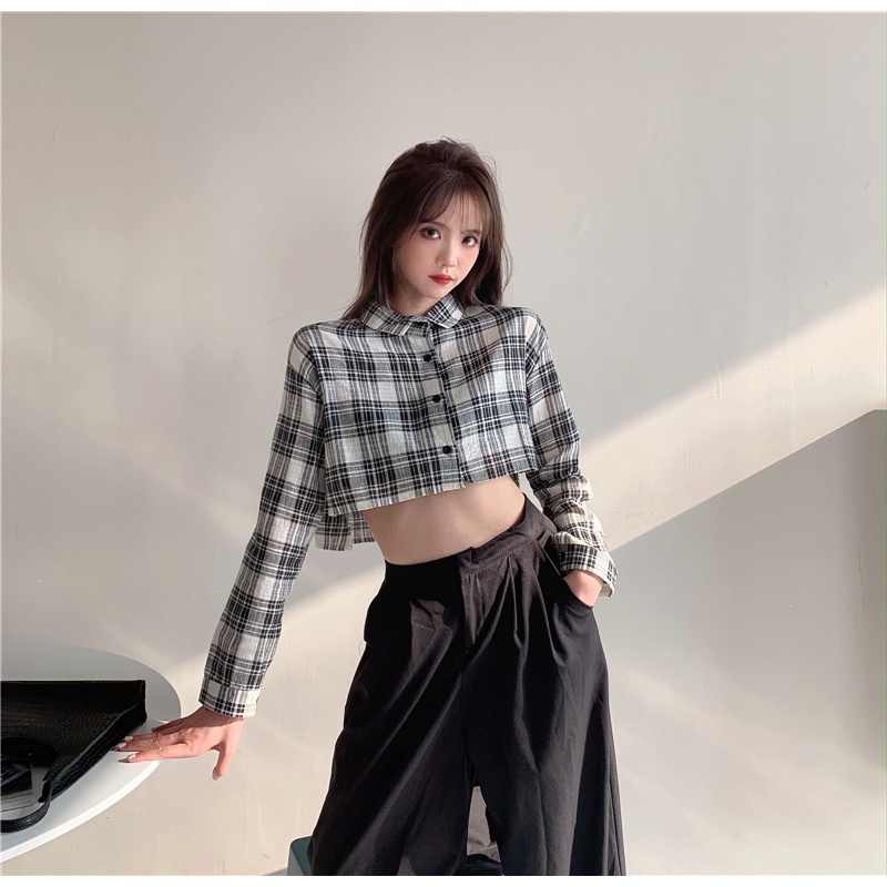 Áo sơ mi croptop tay dài dáng rộng kẻ sọc kiểu cổ điển Hàn Quốc cho nữ