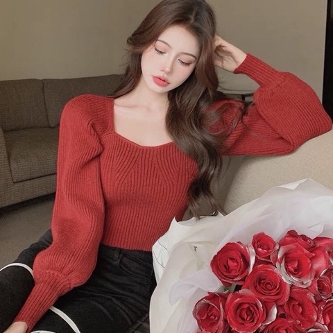 Áo len dài tay cổ vuông 2 màu trắng đỏ phù hợp mặc giáng sinh phong cách Hàn Quốc order Taobao