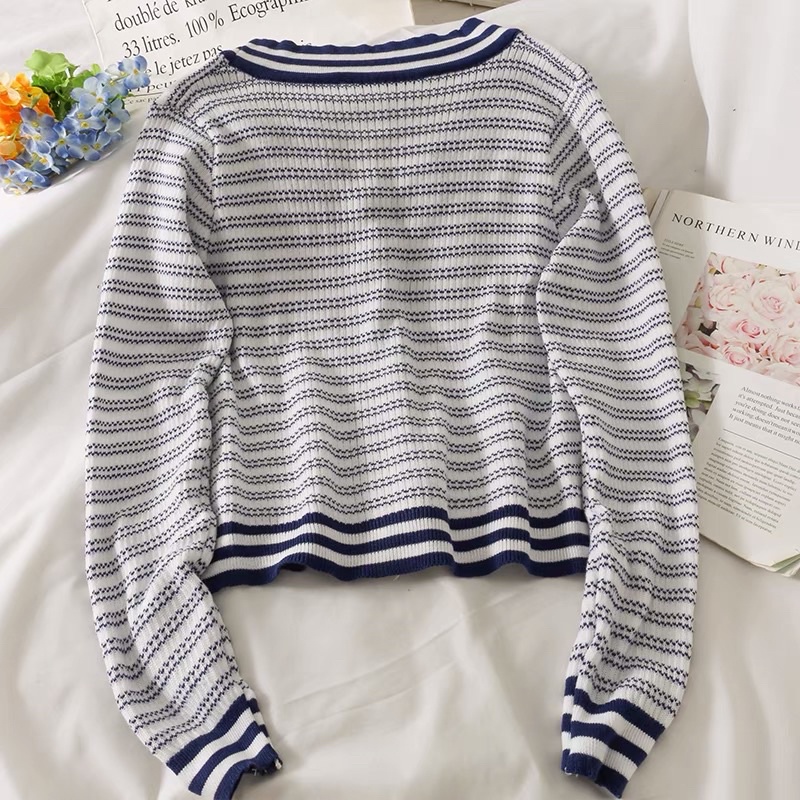 áo len khoác cảdigan dệt kim dáng bóng chày viền sọc cổ tim khuy ngọc thêu AR (2127#)