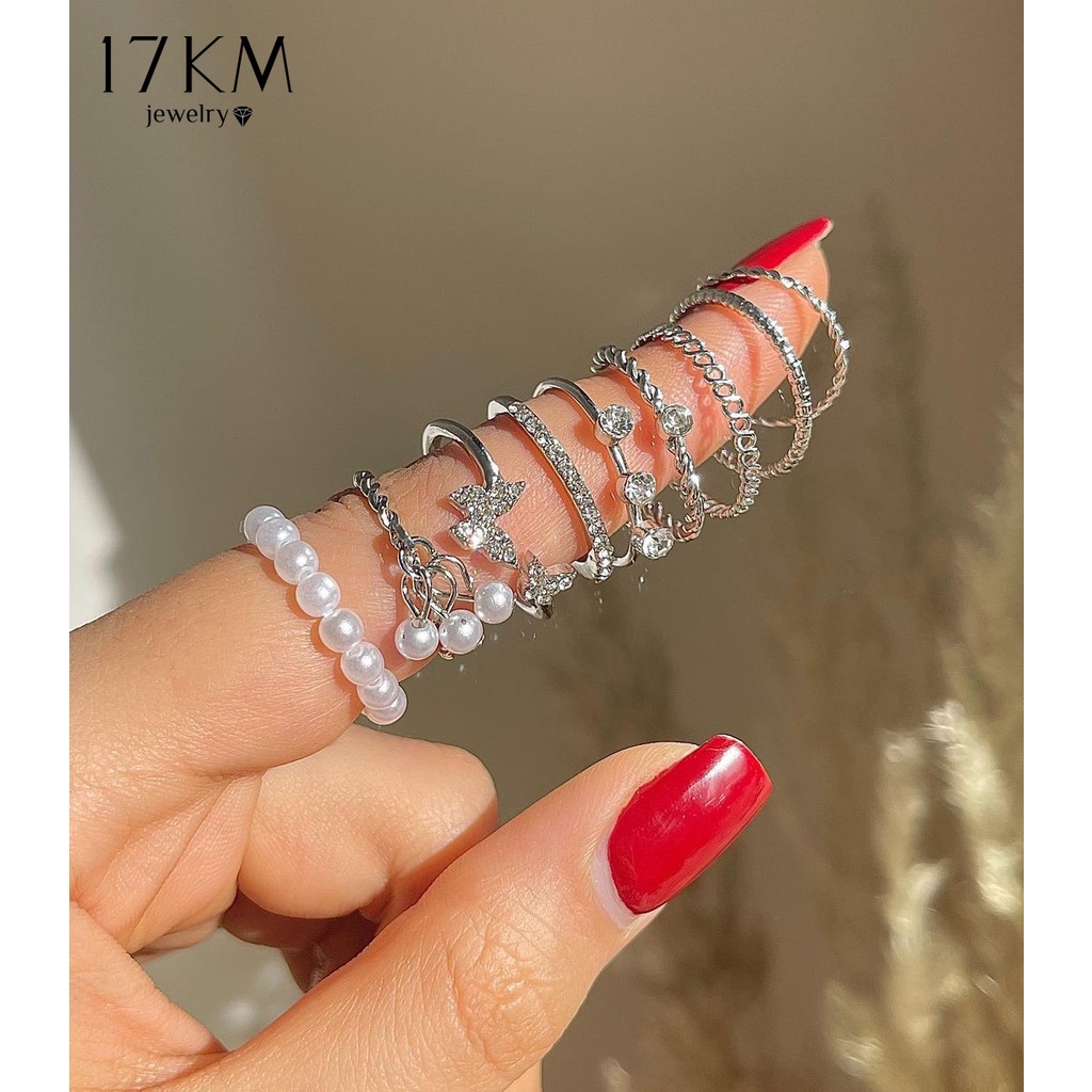 Set 9 nhẫn bạc ngọc trai pha lê thanh lịch Bộ nhẫn mỏng rỗng cho nữ phụ kiện trang sức