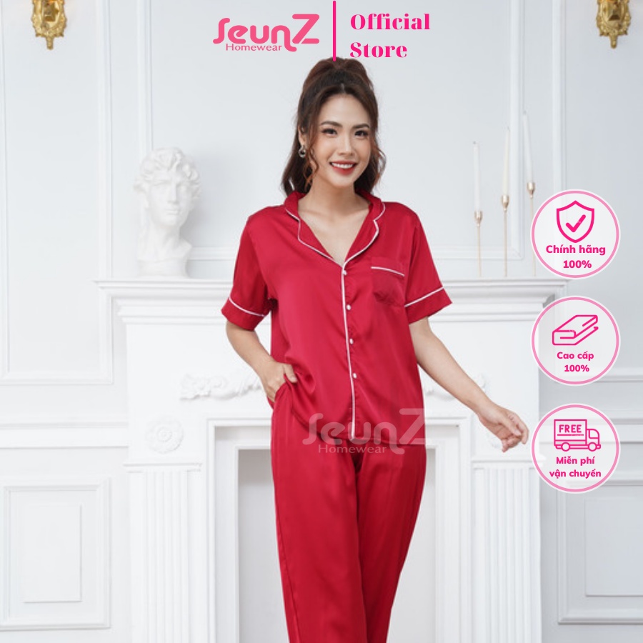 Bộ đồ ngủ pijama Nữ mặc nhà tay cộc quần dài lụa latin trơn mềm cao cấp thanh lịch SeunZ Homewear - SB03