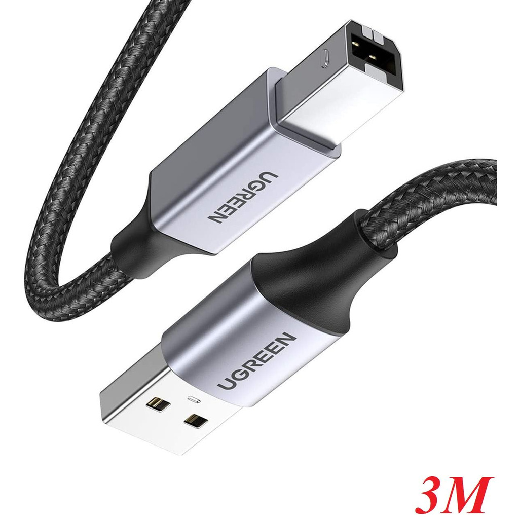 Ugreen 80804 3M đầu nhôm dây bọc lưới chống nhiễu cáp máy in màu Đen 2.0 USB A sang B US369