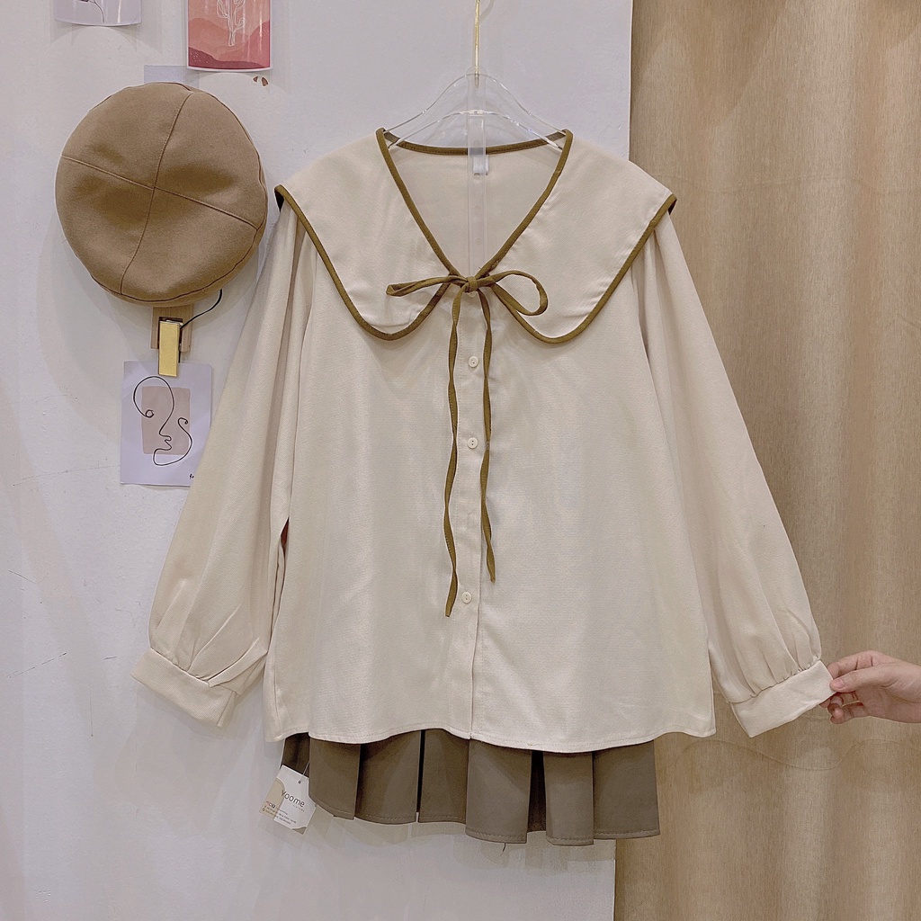 Áo sơ mi nhung cổ sen viền bèo yoome cloting