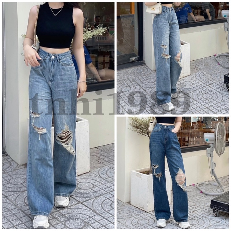 Quần jean nữ suông ống rộng rách 981
