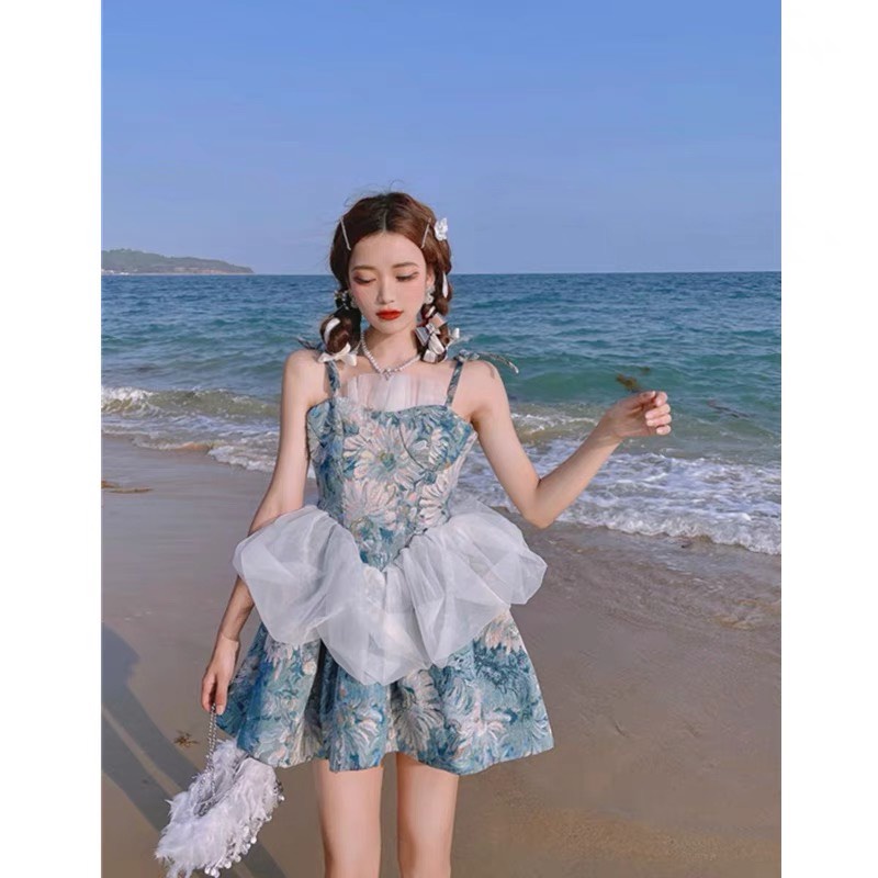 Đầm nữ hai dây dáng xòe chất dạ phối bèo tiểu thư Emilyshop ulzzang