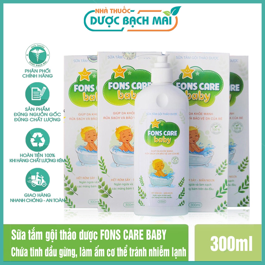 Sữa tắm thảo dược cho bé Fons Care Baby tắm gội thảo dược Sạch hết rôm, sảy, mẩn ngứa, hăm tã trẻ sơ sinh (Chai 300ml)