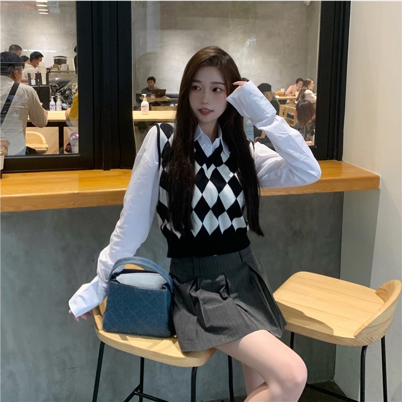 V-neck check vest female Korean version was thin short sleeveless versatile pullover vest | BigBuy360 - bigbuy360.vn