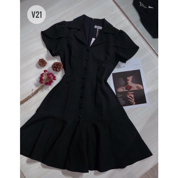 LIKEHER - ĐẦM ĐI CHƠI ĐẦM CỔ VEST NÚT BỌC D18