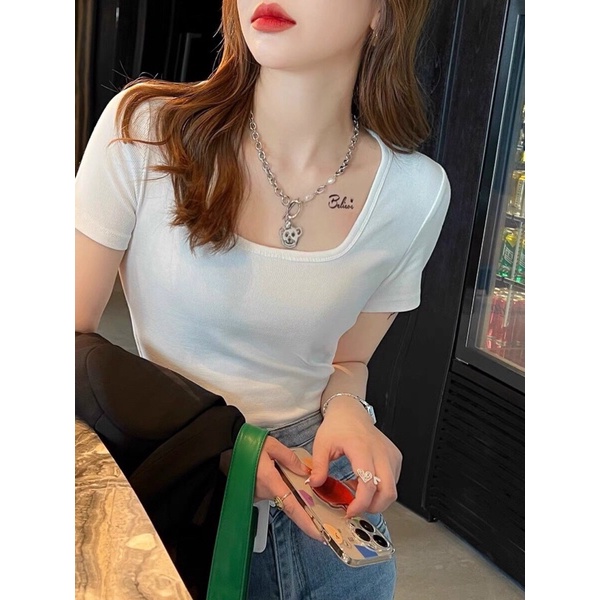 Áo croptop cổ vuông 3 màu, chất cotton bozip siêu co giãn, thấm hút mồ hôi