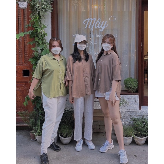 BIGSIZE-Áo sơ mi ngắn tay buộc nơ hông form rộng xinh xắn