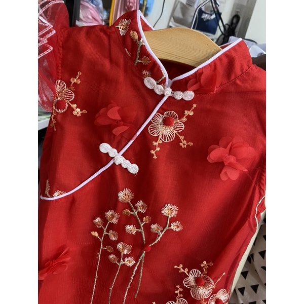Váy sườn xám cỡ lớn ren đỏ, hồng, phong cách trung hoa, váy chữ A cho bé 7-12 tuổi