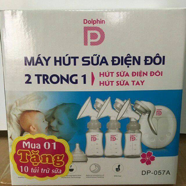 Máy hút sữa điện đôi và hút sữa tay 2 trong 1 Dolphin Việt Nam 150ml (Tặng 10 túi trữ sữa + bộ đầu hút)