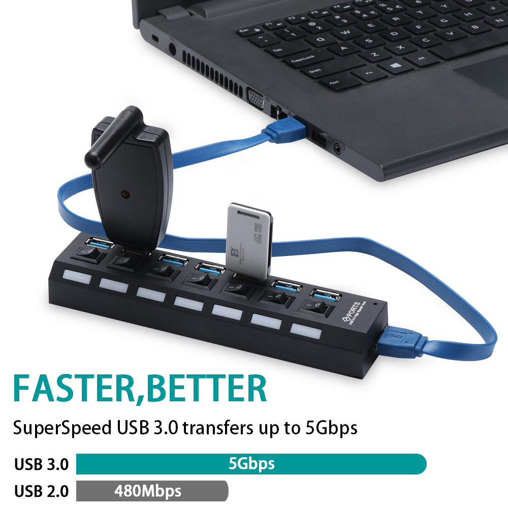 Hub Chia 4 / 7 Cổng Usb 3.0 Tốc Độ Cao 2.0 Usb 3 Cổng Có Nút Bật / Tắt Đa Năng Cho Máy Tính