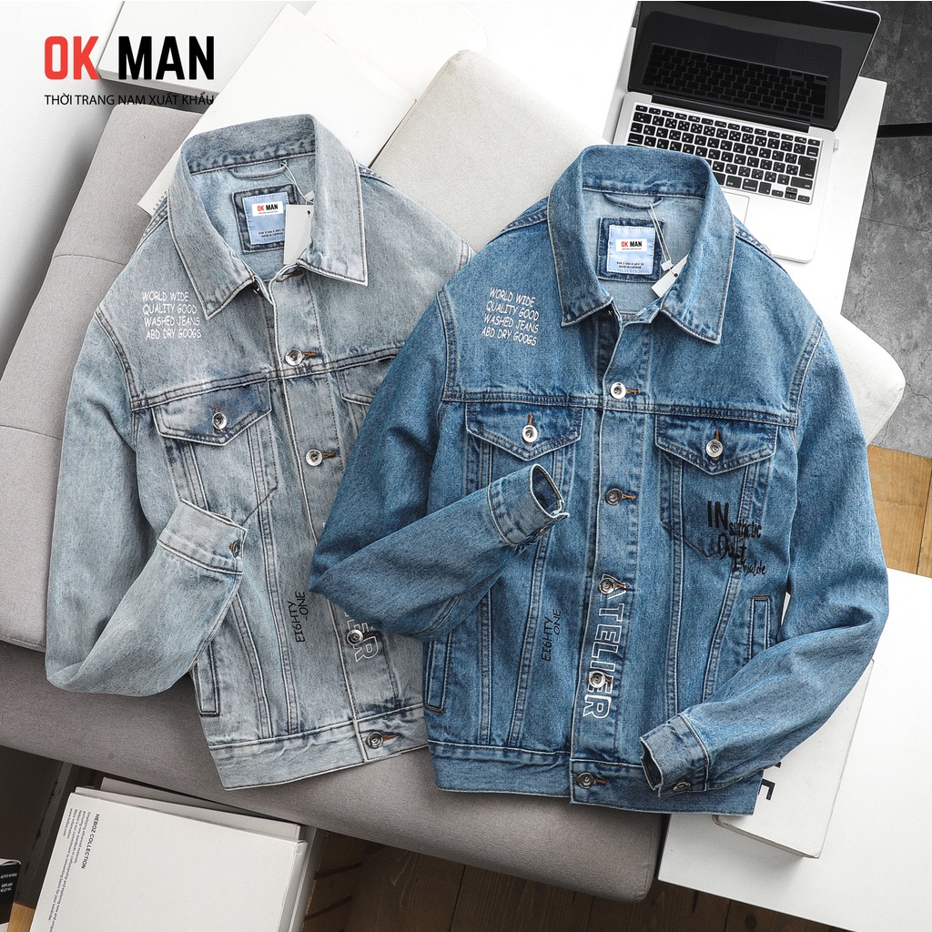 Áo khoác jean nam in hình cao cấp, form slimfit, 2 màu, co giãn tốt, OkMan