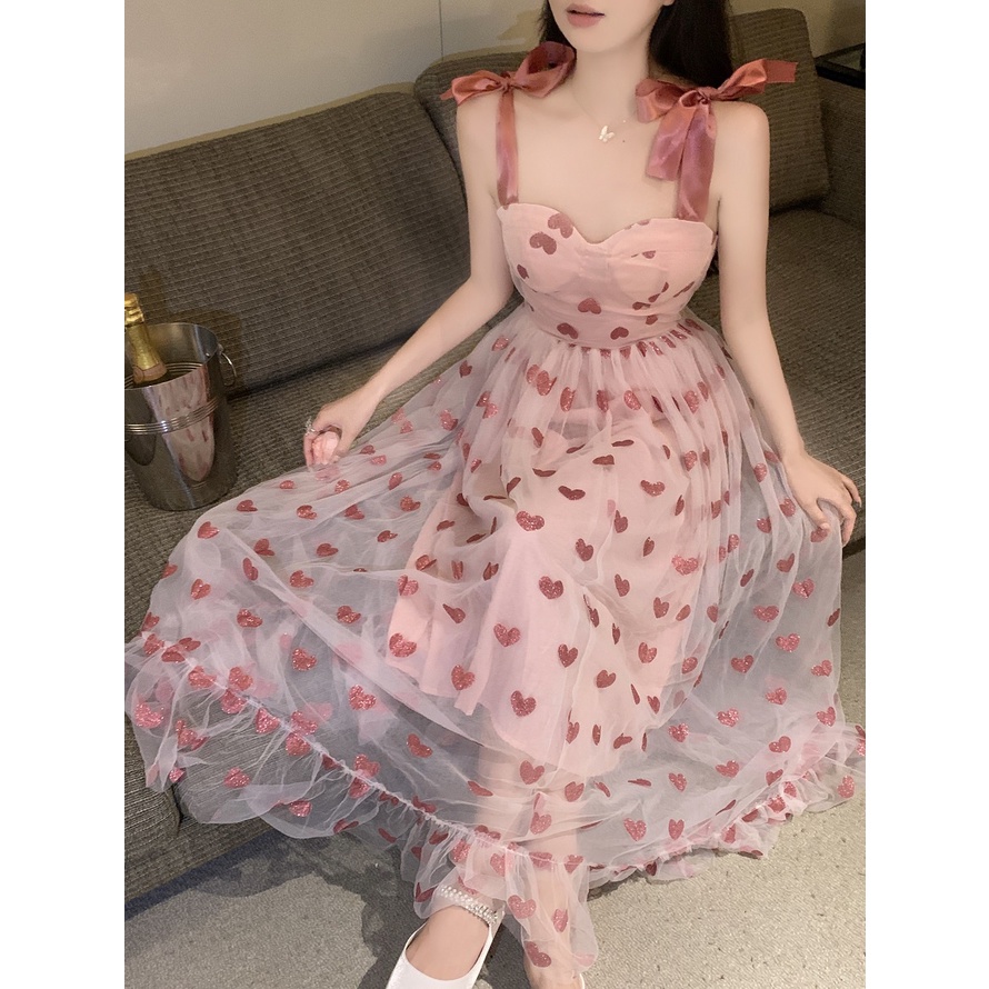 Đầm 2 dây lưới hồng trái tim cột nơ vai công chúa ulzzang