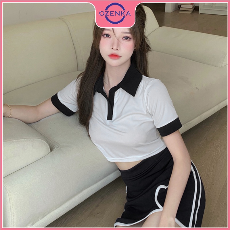 Áo croptop polo nữ đẹp OZENKA , áo crt cộc tay ôm body cải màu đen trắng thun gân 100% cotton free size dưới 50 kg