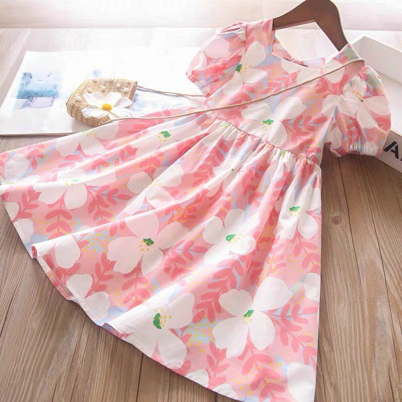 Đầm Cho Bé Gái Hml (12-42KG) Thô Hoa Cổ Vuông Mềm Mát, Váy Bé Gái Sai Đại Từ 1-10 Tuổi Mã A28