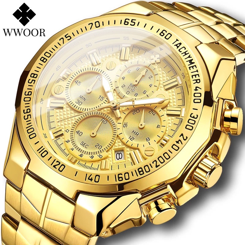 Đồng Hồ Thể Thao WWOOR Mạ Vàng Chống Thấm Nước 24 Giờ Sang Trọng Cho Nam Relogio Masculino-8868