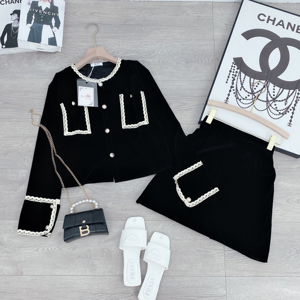 Set nhung viền ren mix chân váy ngắn BN615