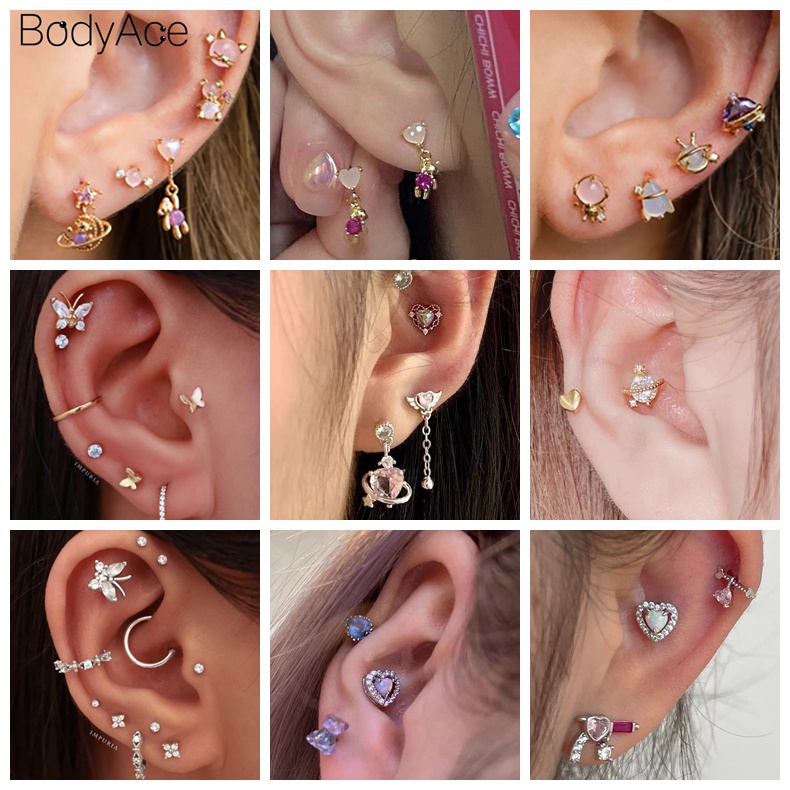 1 Khuyên Xỏ Sụn Tai Hình Thỏ Phi Hành Gia Trái Tim Pha Lê