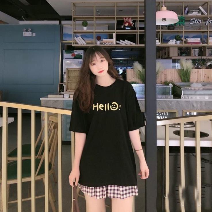Áo thun nam nữ form rộng tay lỡ unisex, Áo phông nam nữ oversize in chữ HELLO hai màu đen trắng