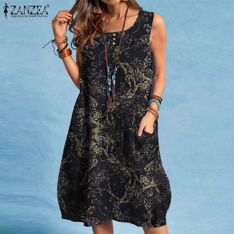 Đầm ngắn Zanzea không tay dáng rộng in họa tiết hoa phong cách vintage Châu Âu cho nữ