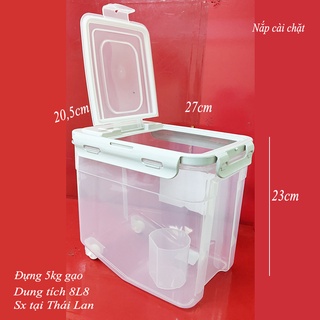 Hộp nhựa đựng đồ, thùng đựng gạo 5kg gạo 8L8, có 2 bánh xe, nắp kép khóa cài, mở đứng, Thái sx 27x20.5cm cao 23.2cm 1398