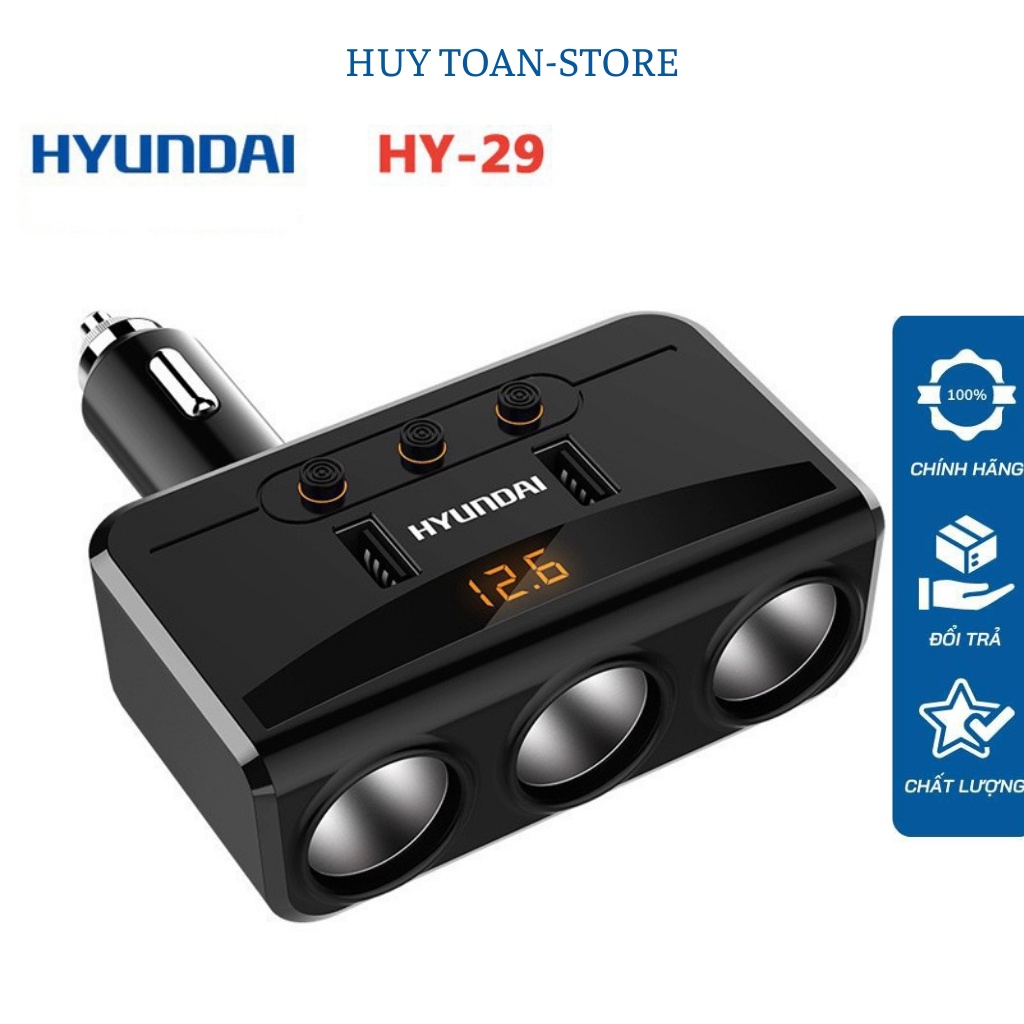 Bộ chia tẩu sạc ô tô 3 cổng đa năng Hyundai HY-29 kèm 2 cổng USB HY29