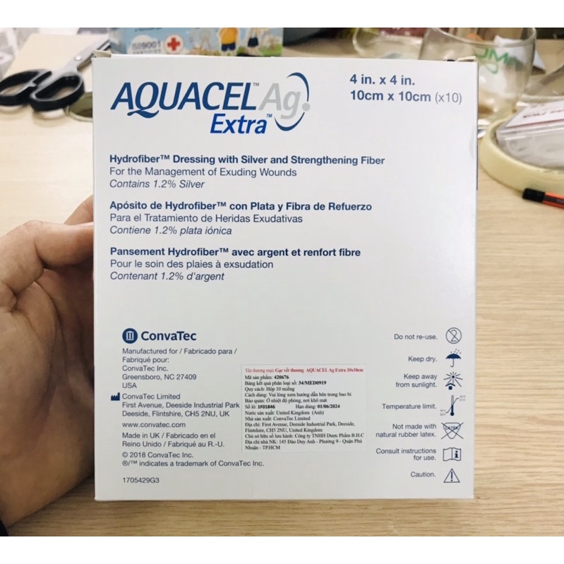 Gạc vết thương Aquacel Ag Extra ConvaTec USA ( Hộp 10 miếng )