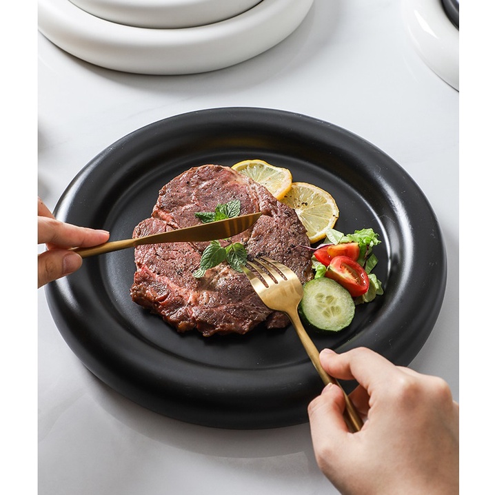 Đĩa sứ trắng mấn tròn cách điệu cao cấp 25cm và 20cm cho nhà hàng