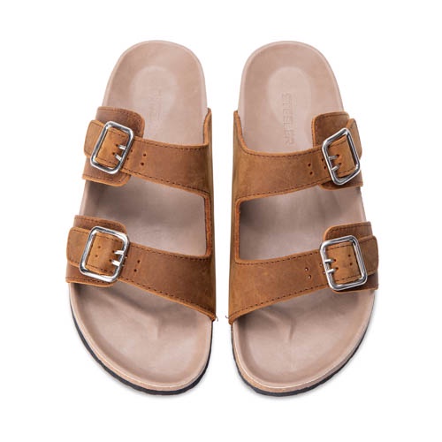 Dép đế trấu nam da bò Steeler, quai ngang 2 lớp Unisex, chống thấm mồ hôi, Trấu khóa 02 nâu sáp