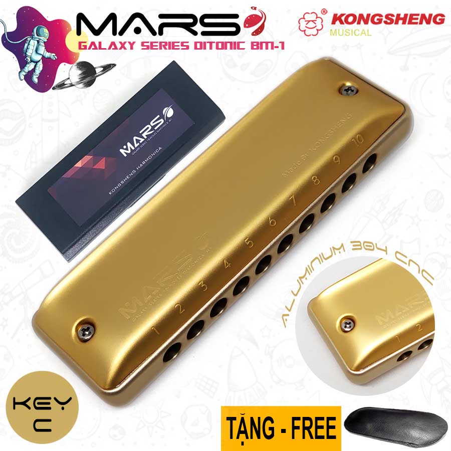 Kèn Harmonica Diatonic 10 Lỗ Cao Cấp KongSheng Mars MB-1 Vàng Lỗ Thổi Tròn Comb CNC Key C Có Clip Thực Tế