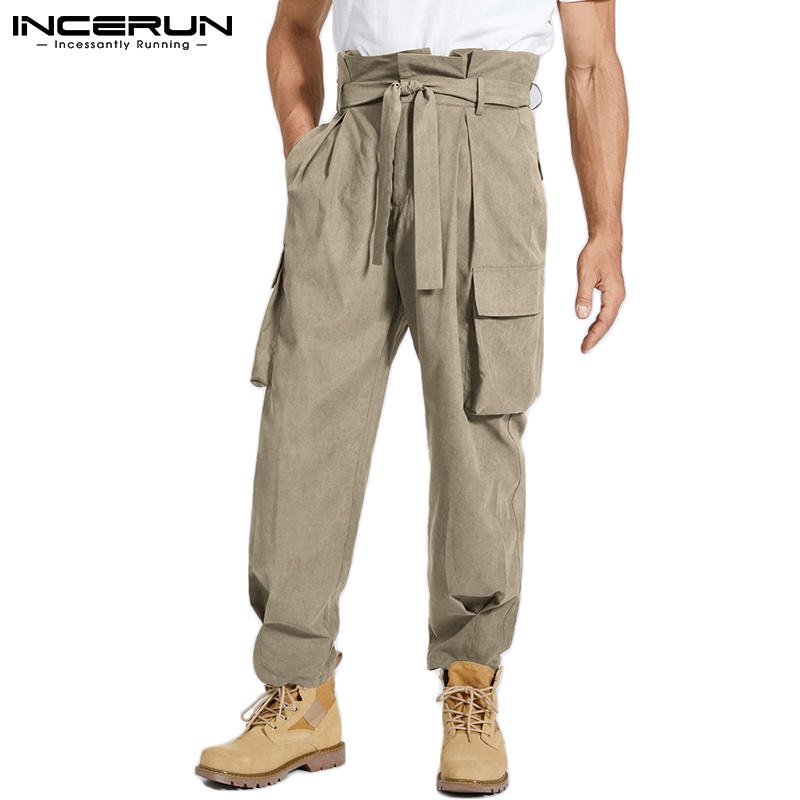 Quần baggy dài INCERUN lưng cao thiết kế nhiều túi có thắt lưng phong cách retro cho nam
