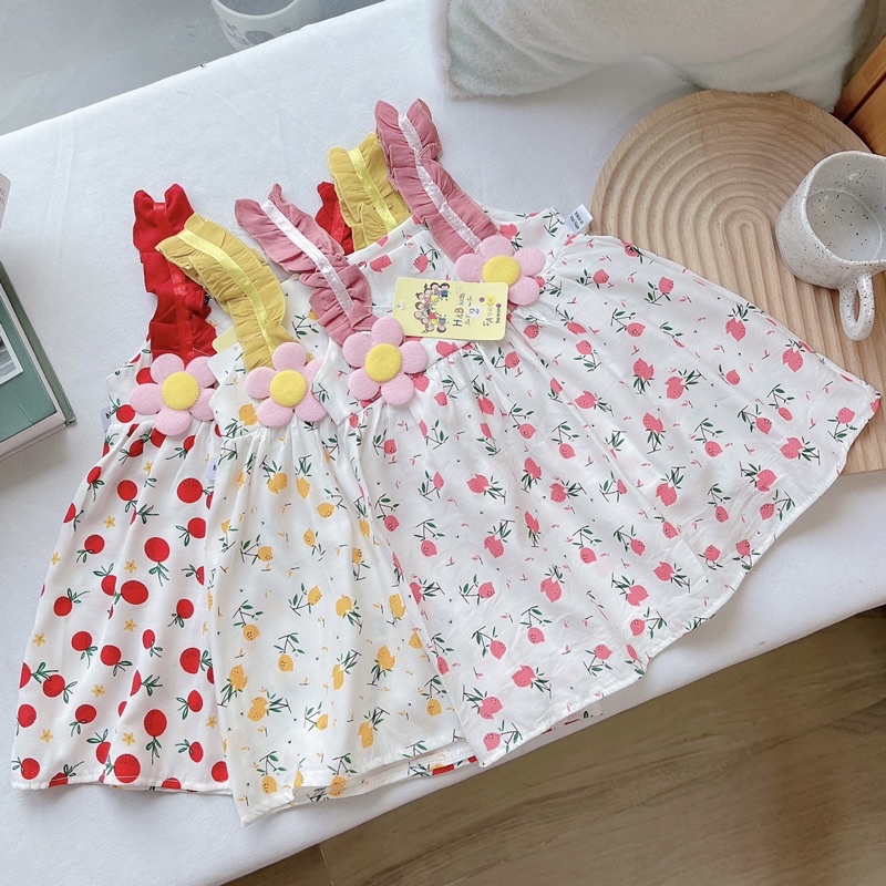 Váy Bé Gái Đính Hoa Hoạ Tiết Cherry Ngọt Ngào Chất đũi Lạnh siêu đẹp