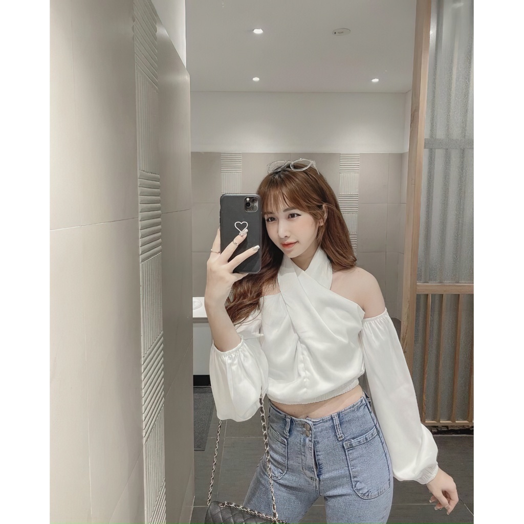 Áo trễ vai croptop kiểu nữ tay dài thiết kệ độc lạ hở lưng quyến rũ freesize màu trắng và đen THEA TOP